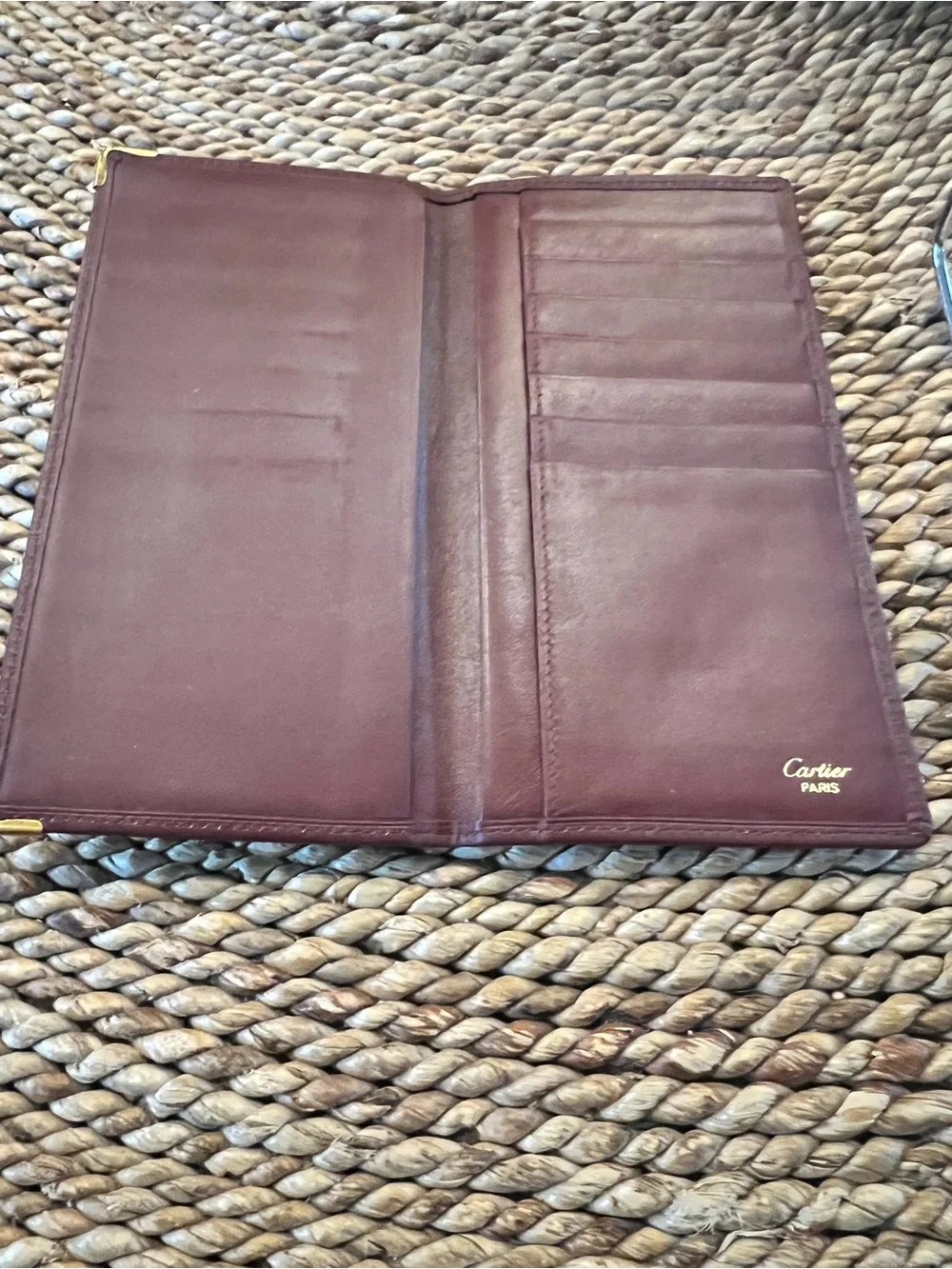 Vintage Must De Cartier Burgundy Leather Long Wallet Checkbook Cover